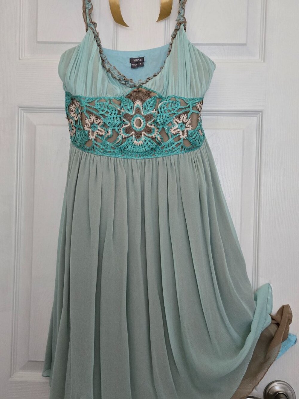 Muse brand Dress Turquoise and Brown chiffon with crocheted bodice Size 6
